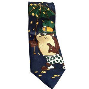 Looney Tunes Taz Tie  Shamrock Shorts  Coins Navy Blue Polyester Novelty Necktie